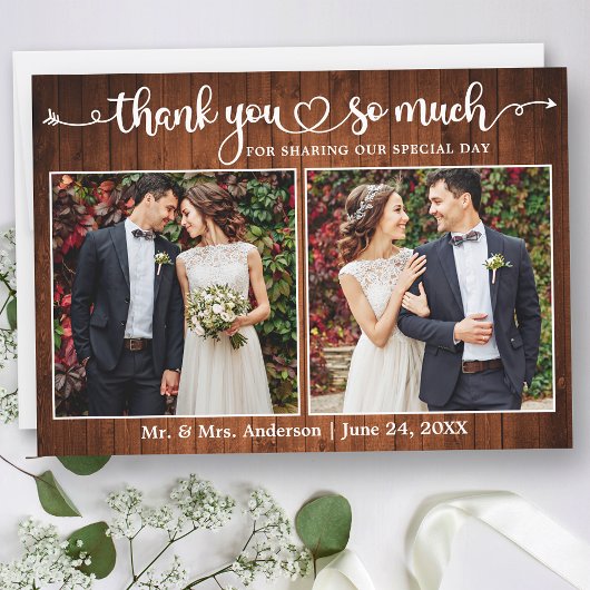 Kalligrafie Herz Script Wood 2 Foto Hochzeit Dankeskarte