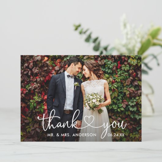 Kalligrafie Herz Wedding Bride Groom 6 Fotos Dankeskarte (Stehend Vorderseite)