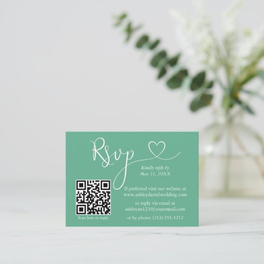 Kalligrafie Herz Wedding Neo Mint Green QR UAWG Begleitkarte (Stehend Vorderseite)