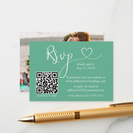 Kalligrafie Herz Wedding Neo Mint Green QR UAWG Begleitkarte (Vorderseite/Rückseite Beispiel)