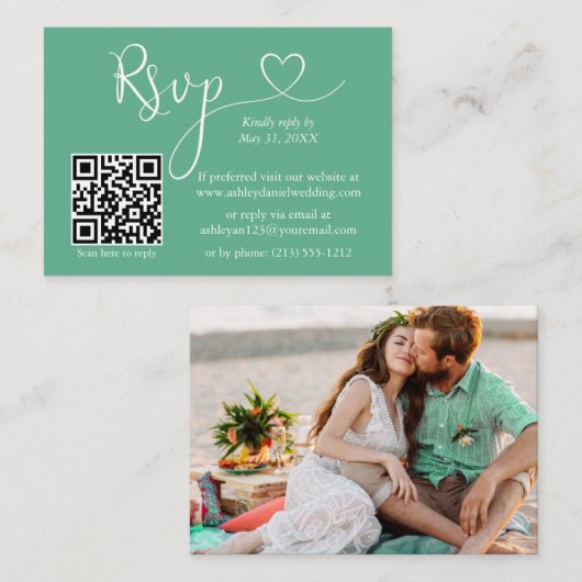 Kalligrafie Herz Wedding Neo Mint Green QR UAWG Begleitkarte (Vorne/Hinten)
