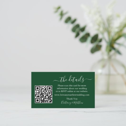 Kalligrafie-Hochzeitdetails Website QR Green Begleitkarte (Stehend Vorderseite)