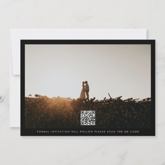 Kalligrafie Hochzeitschwarz-Weiß-QR-Foto Save The Date (Rückseite)