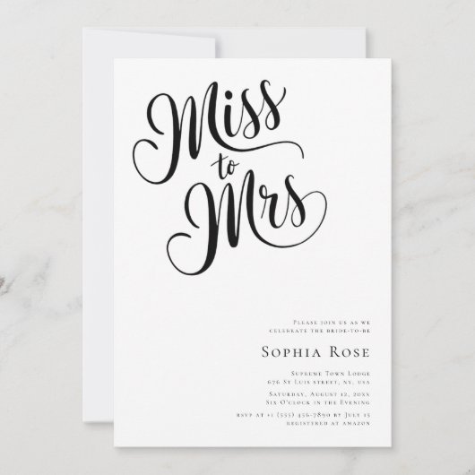 Kalligrafie Minimalistisch Miss an Mrs. Brautparty Einladung (Vorderseite)