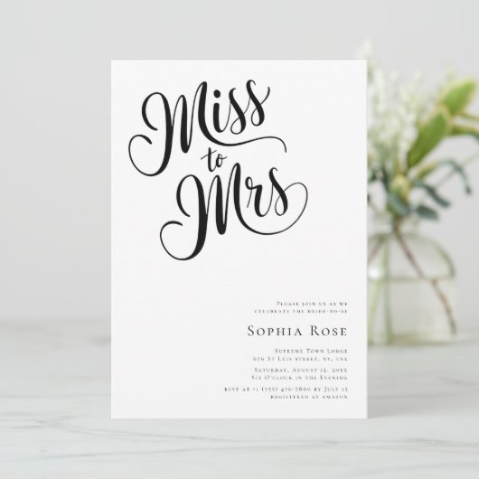 Kalligrafie Minimalistisch Miss an Mrs. Brautparty Einladung (Stehend Vorderseite)