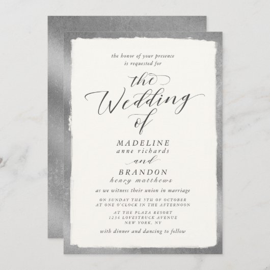 Kalligrafie mit Silver Edge Luxury Wedding Einladung (Vorne/Hinten)