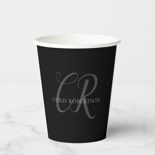 Kalligrafie Monogram Name Black Gray Custom Gift Pappbecher (Vorderseite)