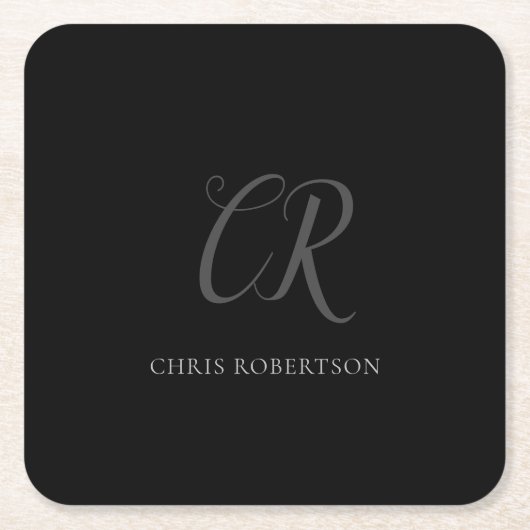 Kalligrafie Monogram Name Black Gray Custom Gift Rechteckiger Pappuntersetzer (Vorderseite)