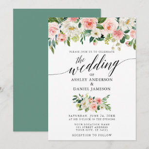 Kalligrafie Pink Blush Blumengrün Hochzeit Einladung