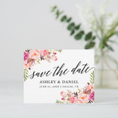 Kalligrafie Pink Floral Save the Date Postkarte (Stehend Vorderseite)