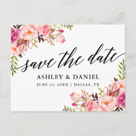 Kalligrafie Pink Floral Save the Date Postkarte