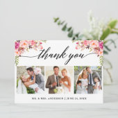 Kalligrafie Pink Floral Wedding 3 Foto Dankeskarte (Stehend Vorderseite)