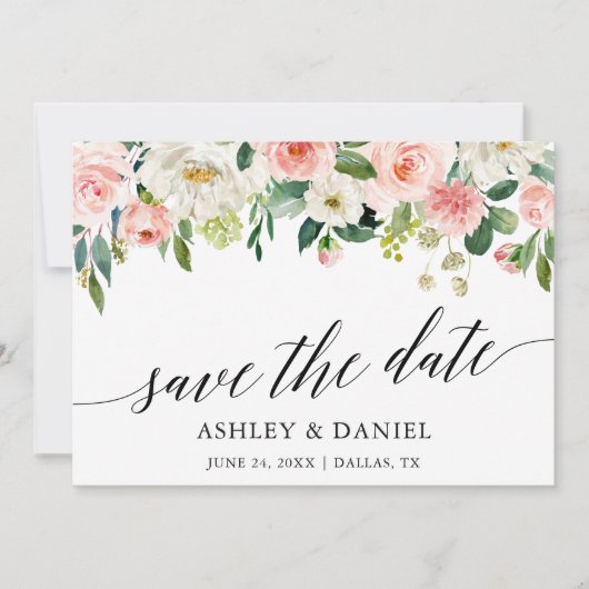 Kalligrafie Pink White Floral Save the Date Karte (Vorderseite)