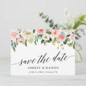 Kalligrafie Pink White Floral Save the Date Karte (Stehend Vorderseite)