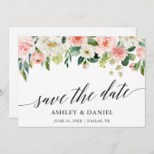 Kalligrafie Pink White Floral Save the Date Karte (Vorne/Hinten)