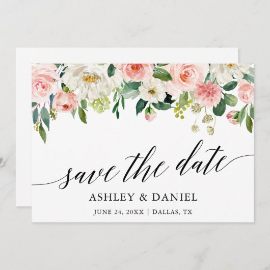 Kalligrafie Pink White Floral Save the Date Karte (Vorne/Hinten)