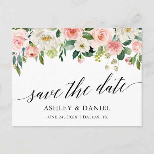Kalligrafie Pink White Floral Save the Date Postkarte (Vorderseite)