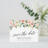 Kalligrafie Pink White Floral Save the Date Postkarte (Stehend Vorderseite)