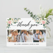 Kalligrafie Pink White Floral Wedding 3 Foto Dankeskarte (Stehend Vorderseite)