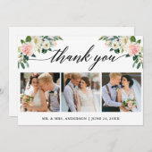 Kalligrafie Pink White Floral Wedding 3 Foto Dankeskarte (Vorne/Hinten)