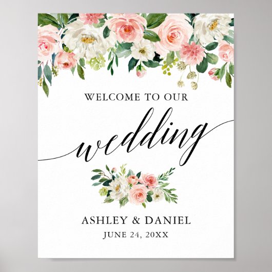 Kalligrafie Pink White Floral Wedding Willkommen Poster (Vorne)
