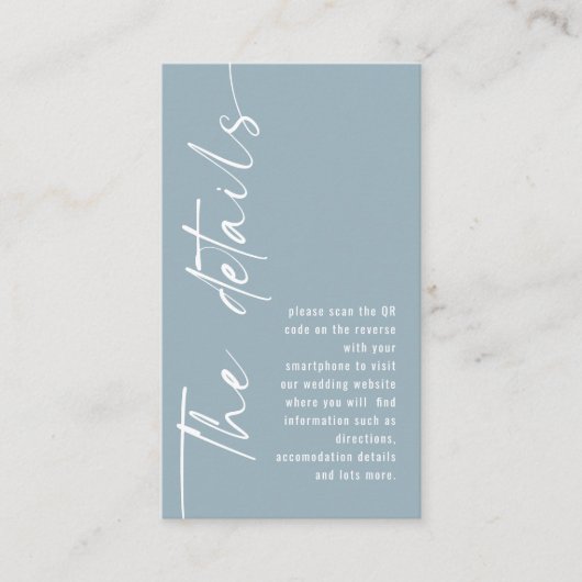 Kalligrafie QR Code Dusty Blue Wedding Details Begleitkarte (Vorderseite)