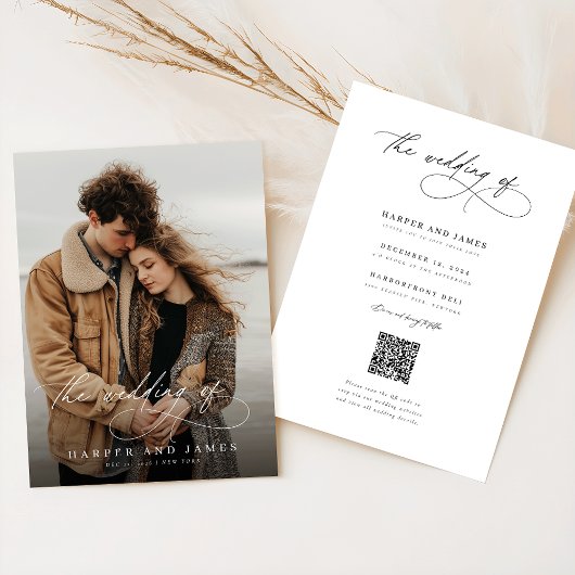 Kalligrafie-QR-Code-Foto Romantische Hochzeit Einladung