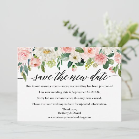 Kalligrafie Rette das neue Datum Rosa Blumenkarte Save The Date (Stehend Vorderseite)
