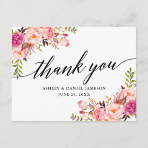 Kalligrafie Rosa Errötende Florale Hochzeits-Danke Postkarte