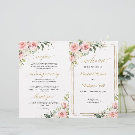 Kalligrafie Rosa Rosen Gold gefaltetes Programm (Stehend Vorderseite)