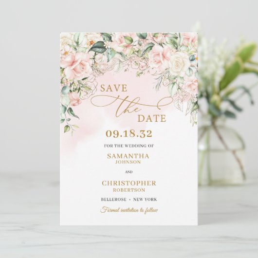 Kalligrafie Rosa Roses Eukalyptus Gold Save The Date (Stehend Vorderseite)