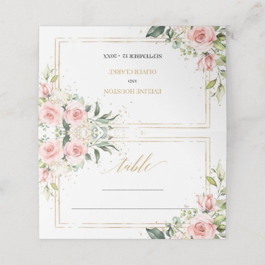 Kalligrafie Rosa Roses Eukalyptus Goldrahmen Platzkarte (Außenseite Aufgefaltet)