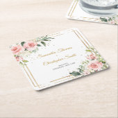 Kalligrafie Rosa Roses Eukalyptus Goldrahmen Rechteckiger Pappuntersetzer (angewinkelt)