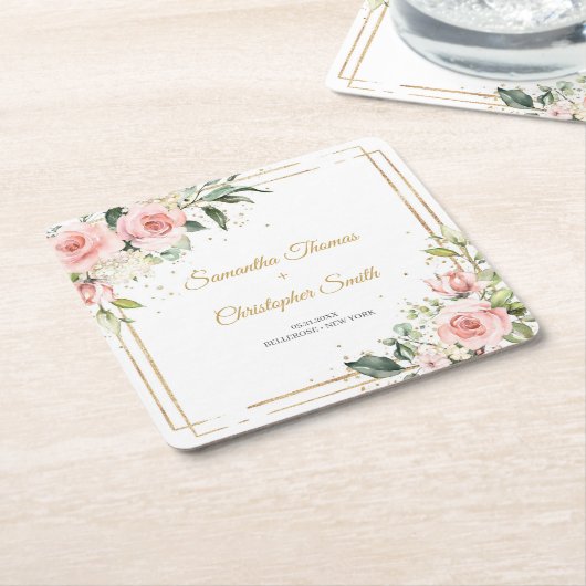 Kalligrafie Rosa Roses Eukalyptus Goldrahmen Rechteckiger Pappuntersetzer (angewinkelt)