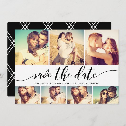 Kalligrafie Save the Date 7 Foto Grid Collage (Vorne/Hinten)