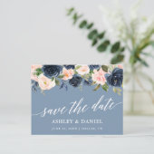 Kalligrafie Save the Date Dusty Blue Pink Postkarte (Stehend Vorderseite)