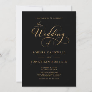 Kalligrafie-Schrift-QR-Code Schwarz Gold Hochzeit Einladung