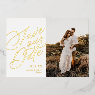 Kalligrafie-Schriftart Save the Date Foto Gold Folieneinladung