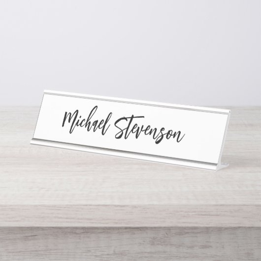 Kalligrafie Schwarz-weiß Personalisiert Schlicht m Schreibtischnamensplakette (Vorderseite )