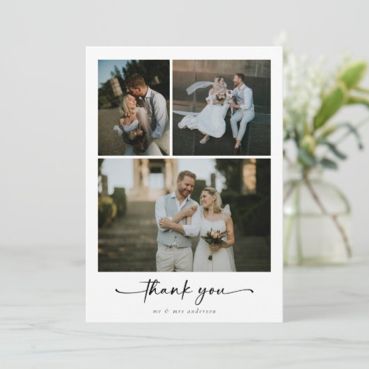 Kalligrafie Script 4 Foto Wedding Dankeskarte (Stehend Vorderseite)