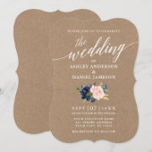Kalligrafie Script Blue Pink Floral Wedding Kraft Einladung (Vorne/Hinten)