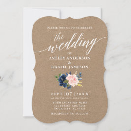 Kalligrafie Script Blue Pink Floral Wedding Kraft Einladung