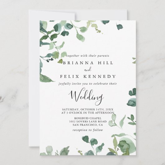 Kalligrafie Script Foliage Front & Back Wedding Einladung (Vorderseite)