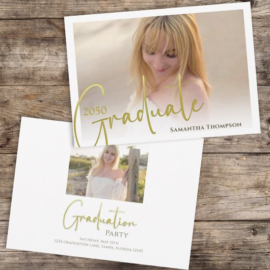 Kalligrafie Script Gold Minimalistisch zwei Fotos Einladung