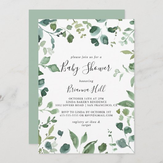 Kalligrafie Script Green Foliage Baby Shower Einladung (Vorne/Hinten)