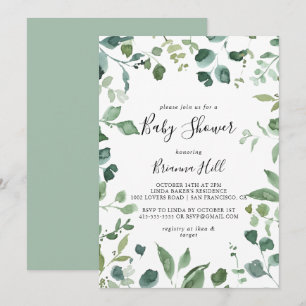 Kalligrafie Script Green Foliage Baby Shower Einladung