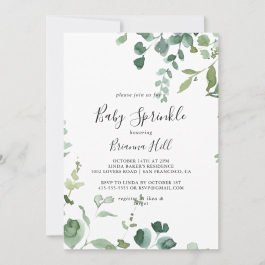 Kalligrafie Script Green Foliage Baby Sprinkle Einladung (Vorderseite)