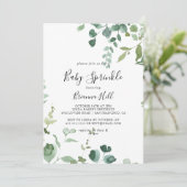 Kalligrafie Script Green Foliage Baby Sprinkle Einladung (Stehend Vorderseite)