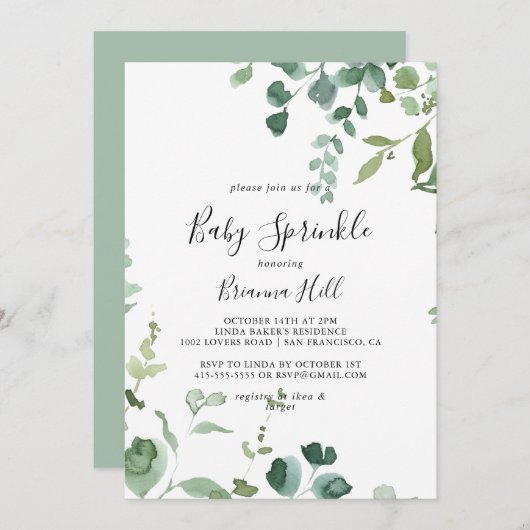 Kalligrafie Script Green Foliage Baby Sprinkle Einladung (Vorne/Hinten)