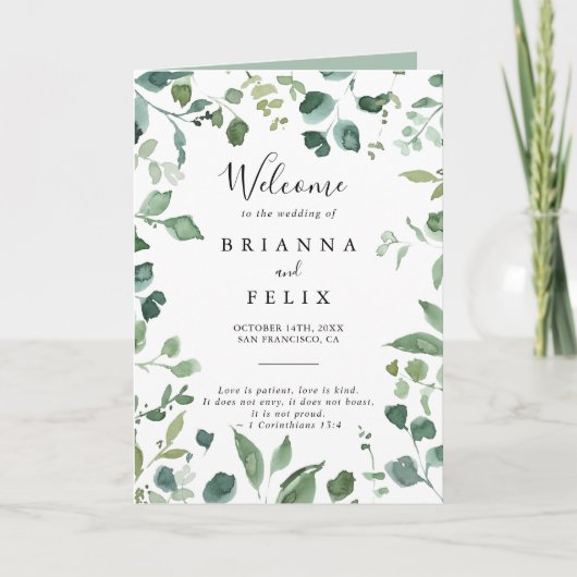 Kalligrafie Script Green Foliage Folded Wedding Programm (Vorderseite)